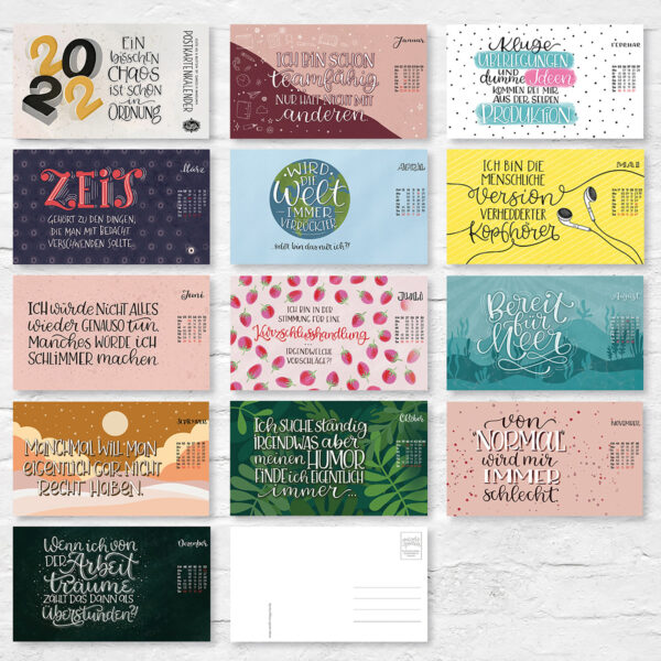 Postkartenkalender 2022 mit illustrierten Handlettering-Motiven in wunderschönem Holzaufsteller – Bild 5